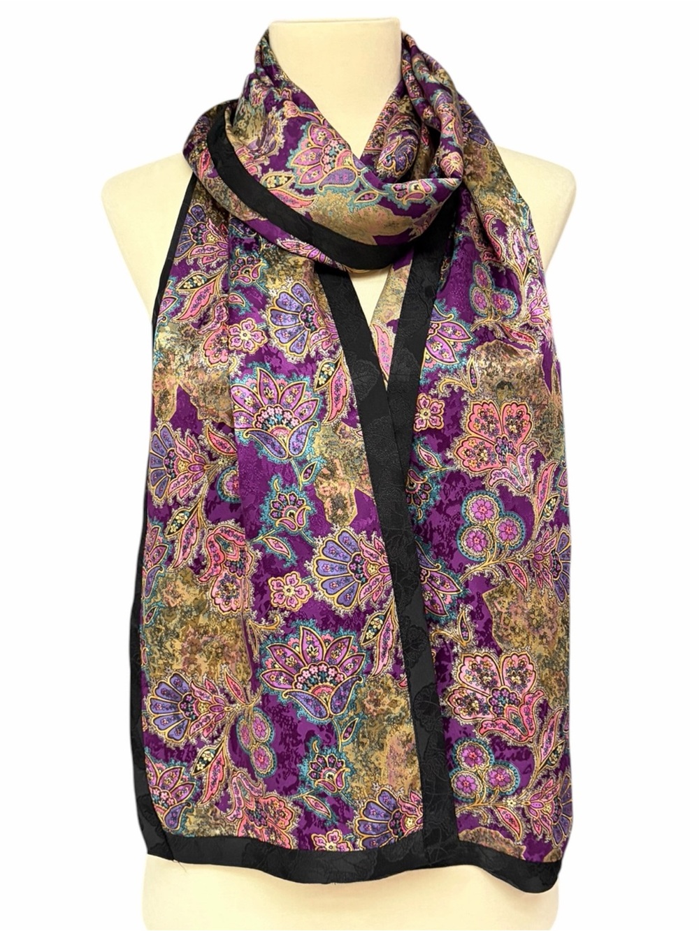 Vintage Silk Scarf Black Purple Woven Paisley Floral Extra Long 96” Witchy Goth